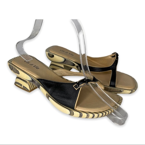 Vis a Vié Low Wooden Block Heel Mule Sandals Open Toe Cut Out Vamp - Picture 3 of 9